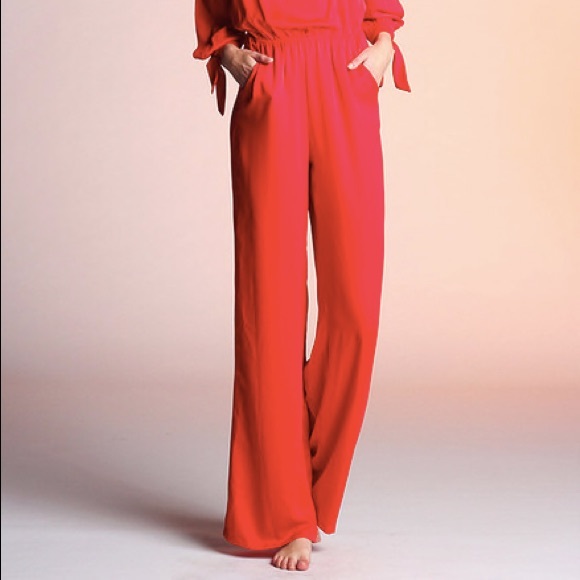 Red off shoulder long sleeve Jumpsuit - Picture 2 of 4